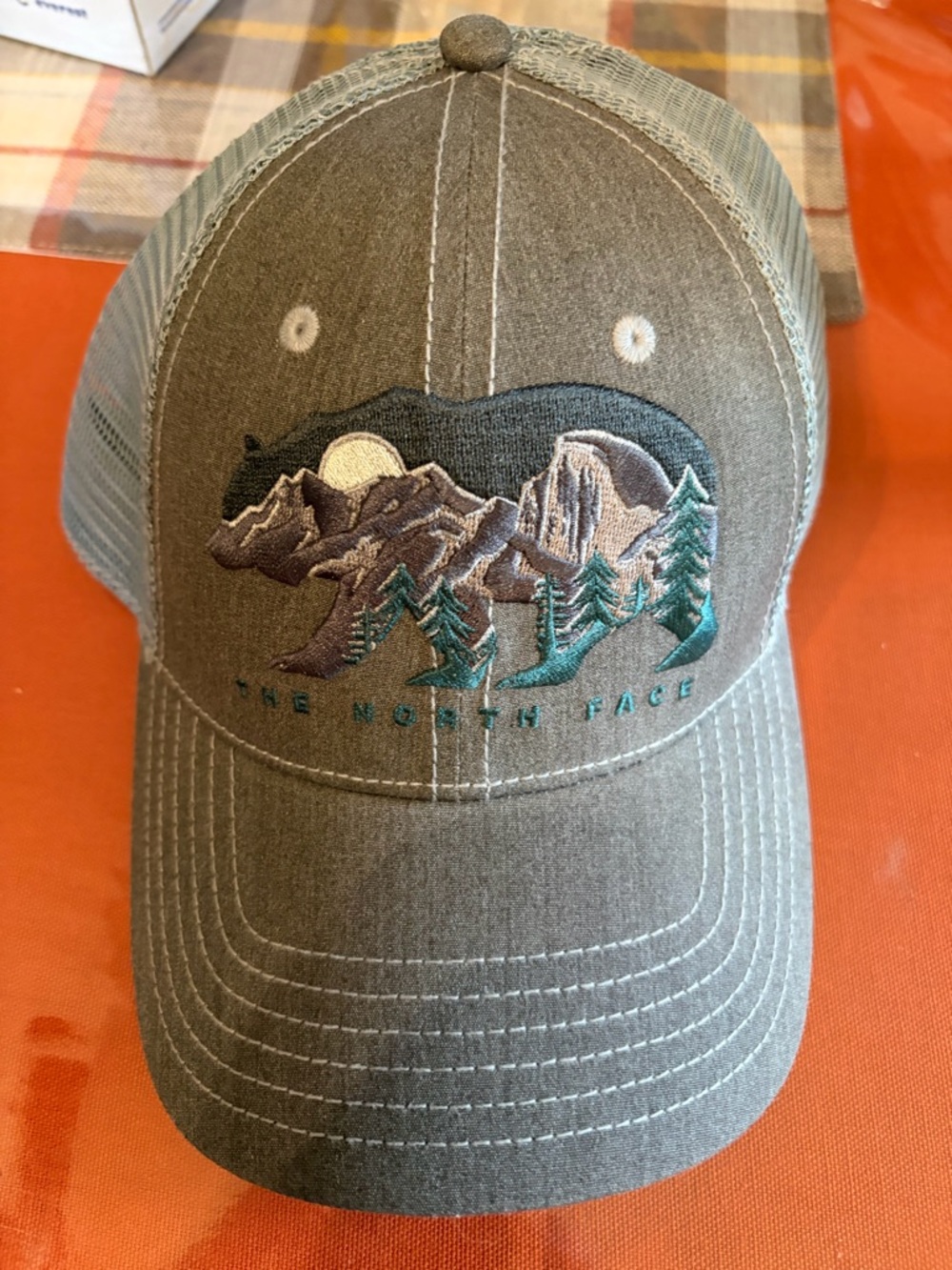 The North Face Olive Green Mesh-Back Mountain Patch Trucker Hat